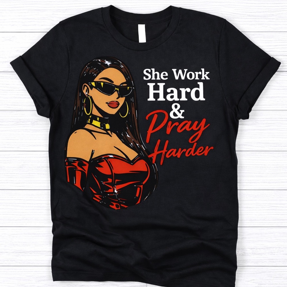 She Work Hard & Pray Harder Graphic Tee - Black with Red Accent